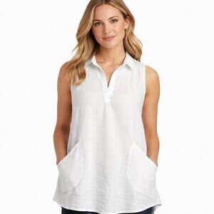 ForCynthia Beachwear White Linen Collared Sleeveless Tunic XL
